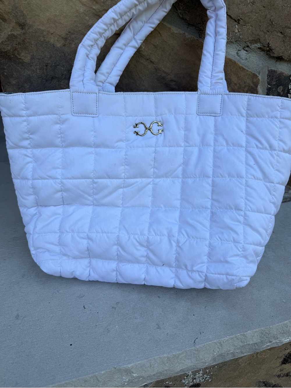 C WONDER Quilted White Tote Bag with Gold Accent